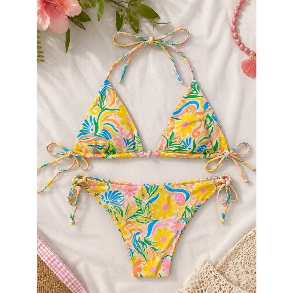 Aurelle Floral Bikini Set Size Large Retro Tropical Tie‎ Side Swim Set
